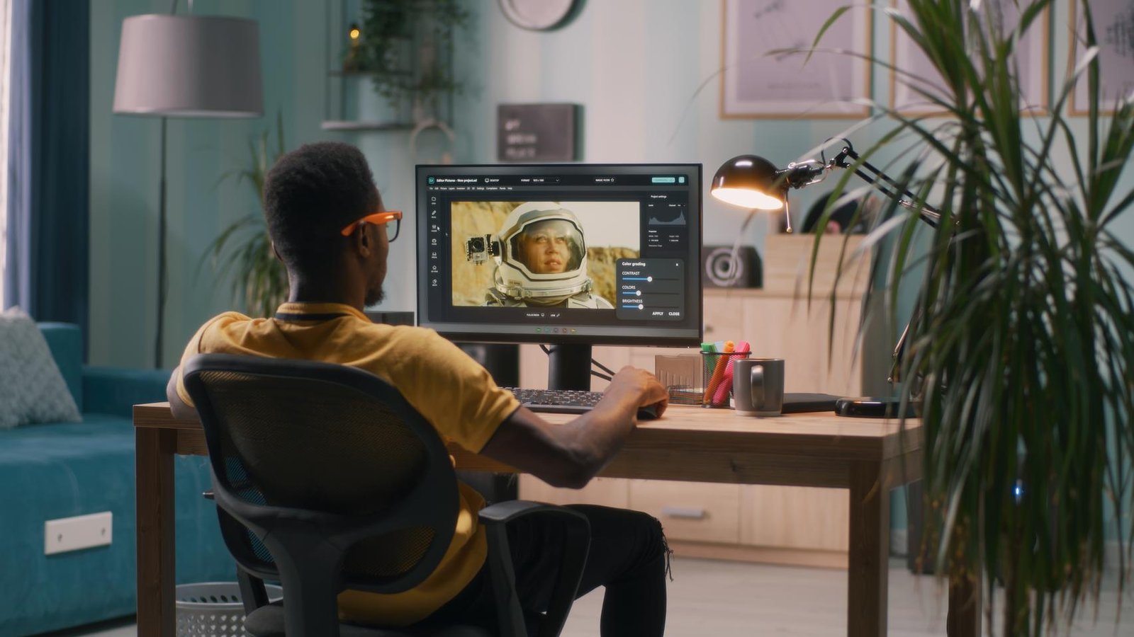 Back view of African American man retouching photo of astronaut on computer while sitting at table in workplace at home